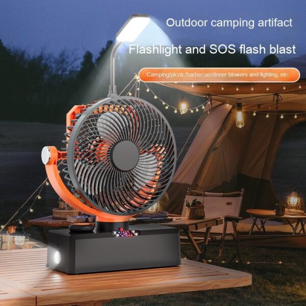 Camping Fan with Belt, Shaking Head, Timer, Lighting & Power Bank – Ultimate Outdoor Companion